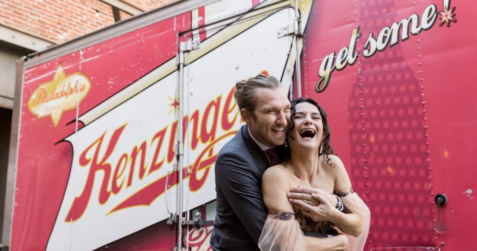 Philadelphia Brewing Co: Kenzinger Beer truck with wedding couple